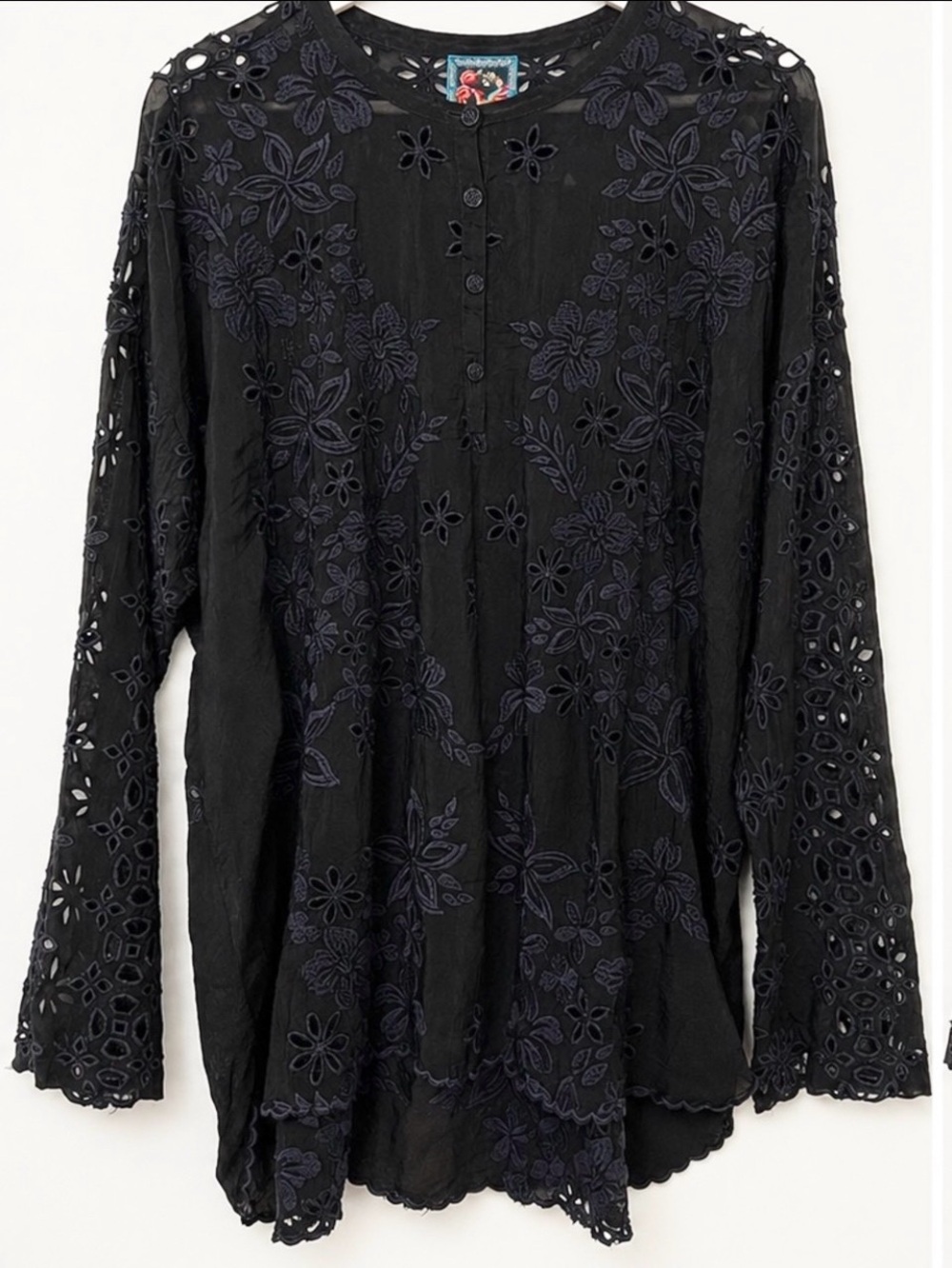 Johnny Was Black Embroidered Eyelet Boho Tunic Top Medium